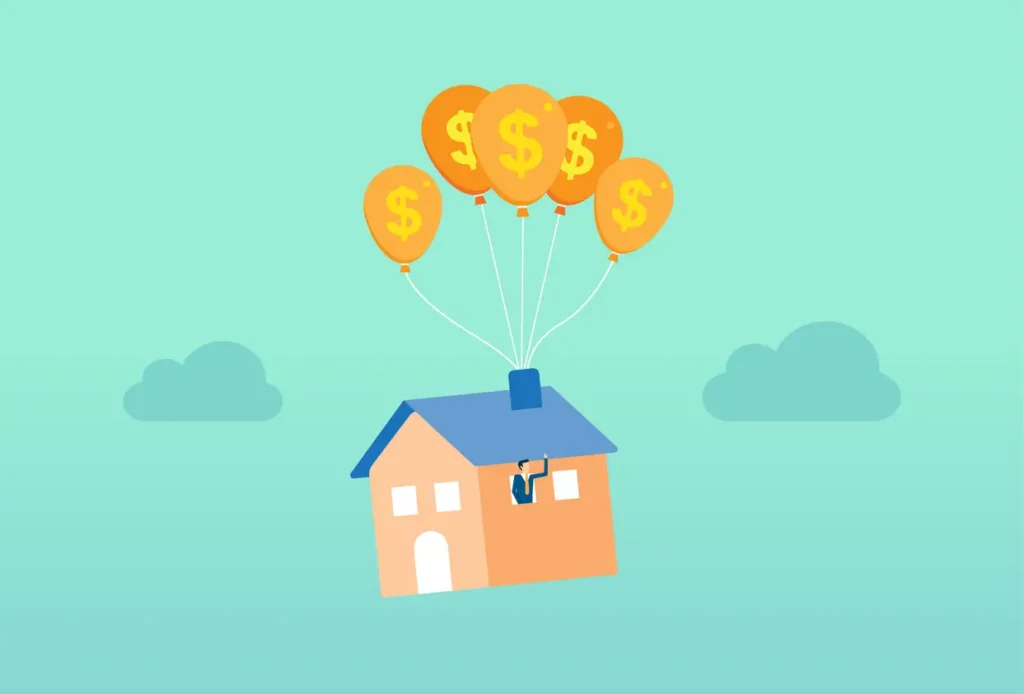 house-float-in-the-sky-by-currency-balloon-home-ownership-house-rental-savings-investment-vector-illustration-design-concept-in-flat-style