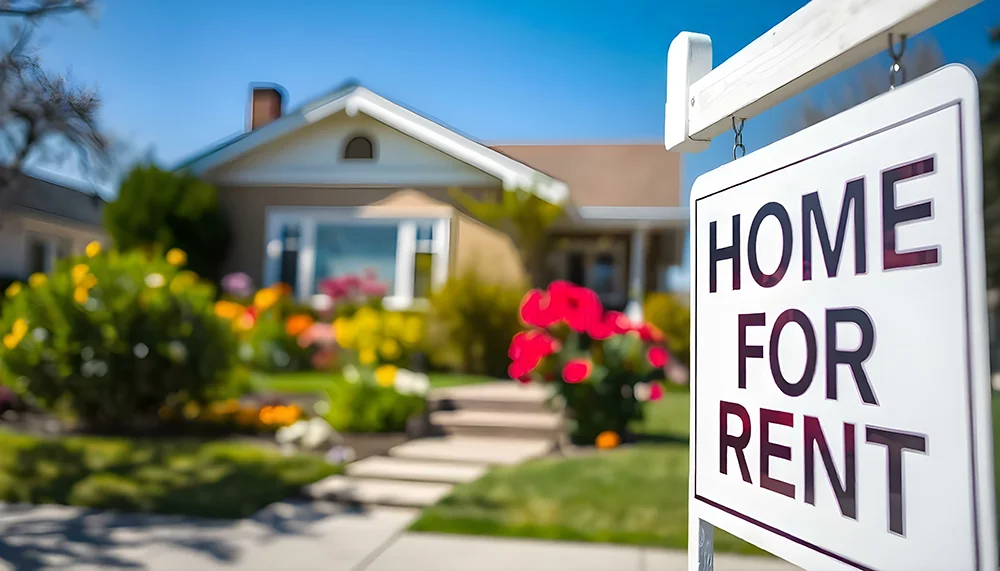 A "home for rent" sign in the front yard of a home with flowers and well-maintained landscaping.