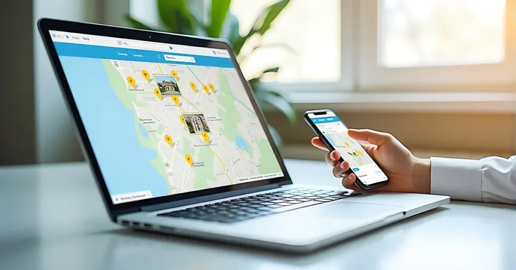 A man holding a phone with the map on it, and next to him is his laptop showing real estate images, smartphone with property listings, yellow location pins, modern workspace, house hunting