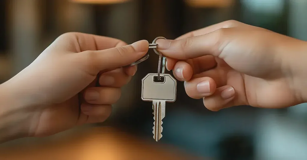 Two hands giving each other a house key.
