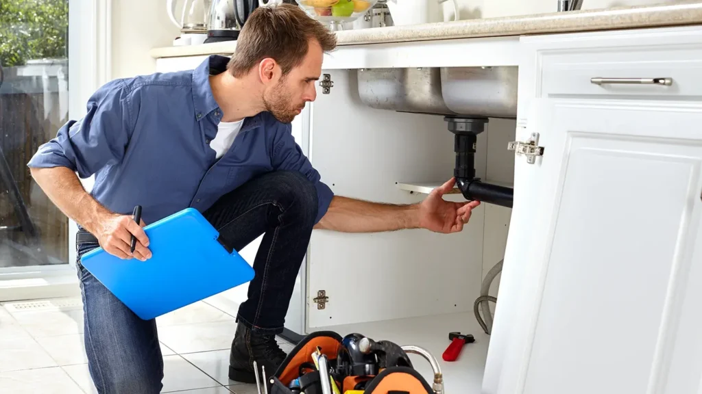 Male plumber inspecting pipes