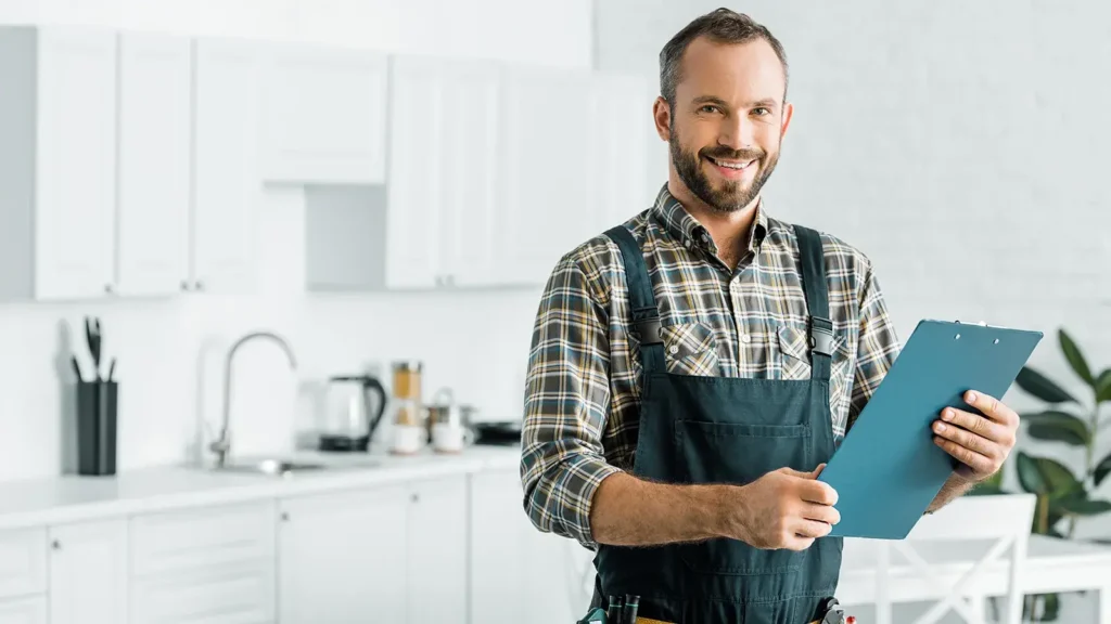 smiling handsome plumber holding clipboard in kitchen 