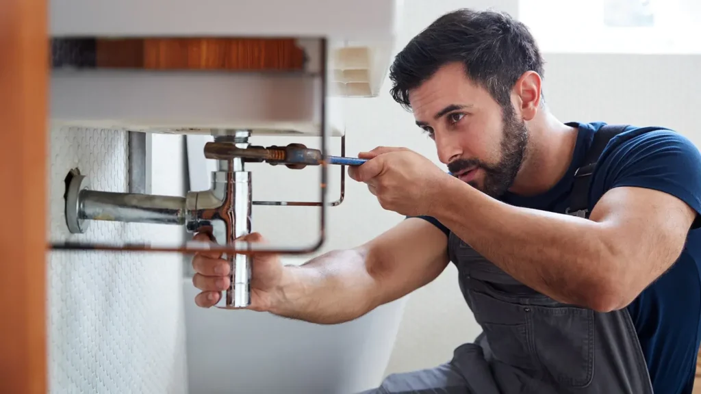 Male Plumber Using Wrench To Fix Leaking Sink In Home Bathroom 