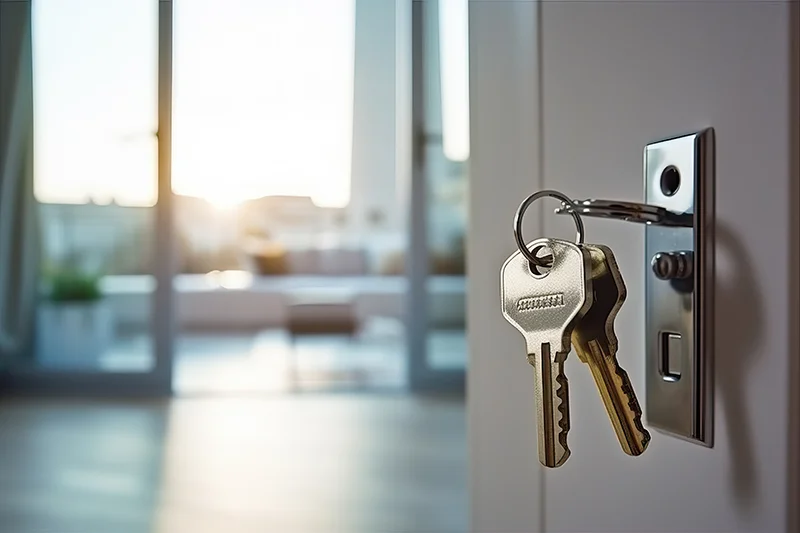 Keys hanging on a door, representing the keys to a new home or property 