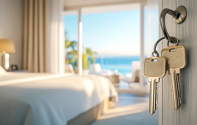 Open door with keys to light apartment overlooking the sea.