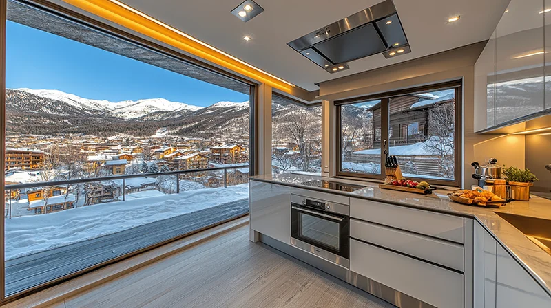 Modern kitchen, mountain view, snowy landscape, winter vacation rental 