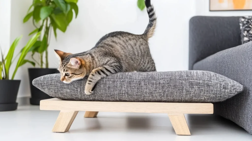 A striped cat stretches comfortably on a soft bed in a modern, pet-friendly rental 