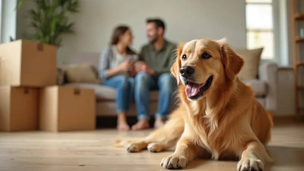 Family moves to new home with dog. Cardboard boxes, golden retriever.
