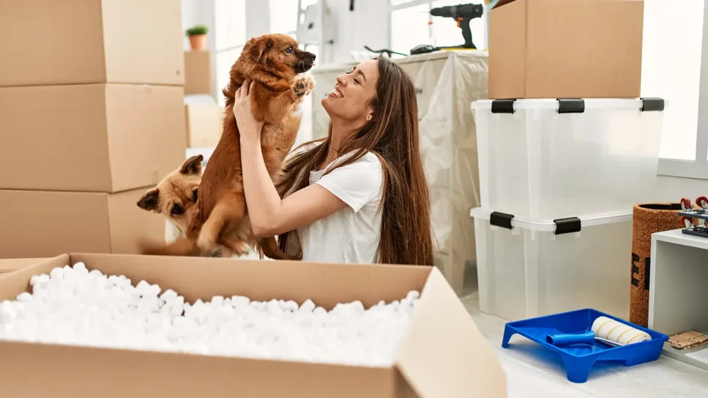 Young woman smiling confident hugging dog sitting on floor at new home