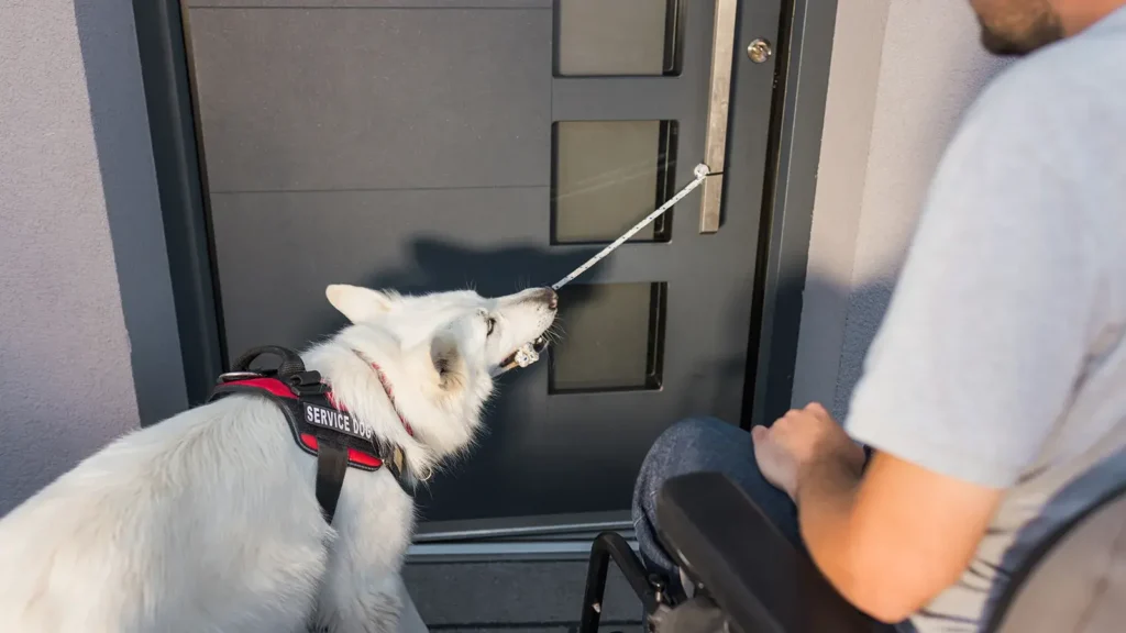 Assistance dog helping a man in an electric wheelchair leave the home by closing the door.