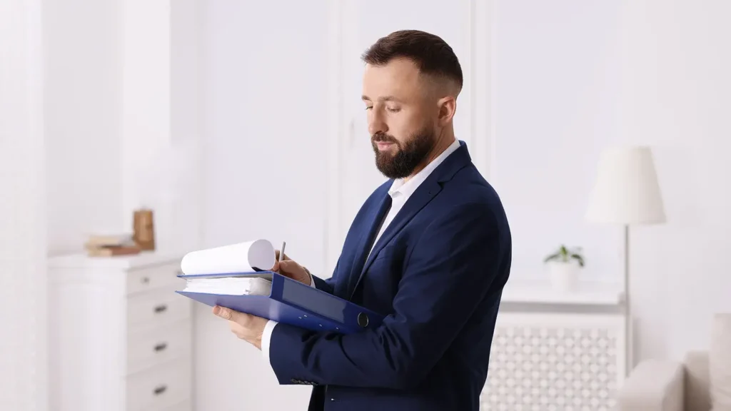 Inspector with clipboard conducting property evaluation