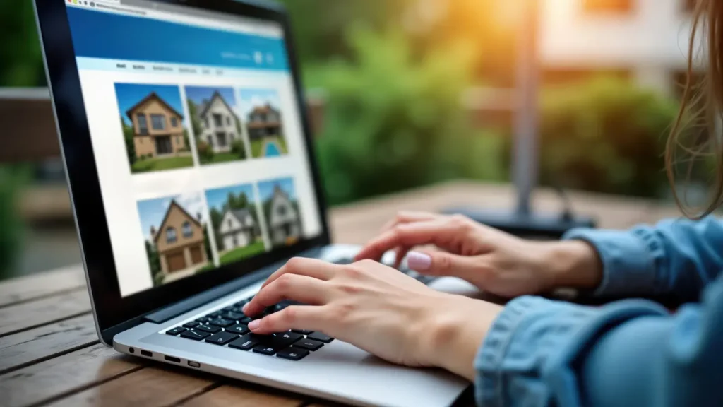 Woman browsing real estate website on laptop.