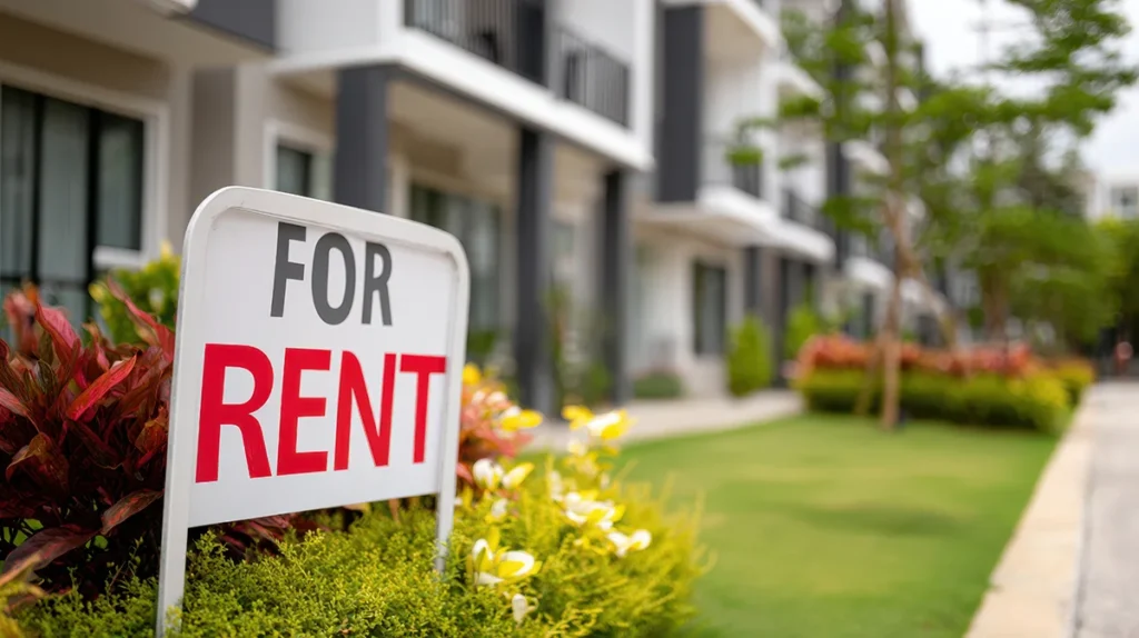 For rent sign on landscaped lawn outside modern apartment building for rental listing and property advertising background