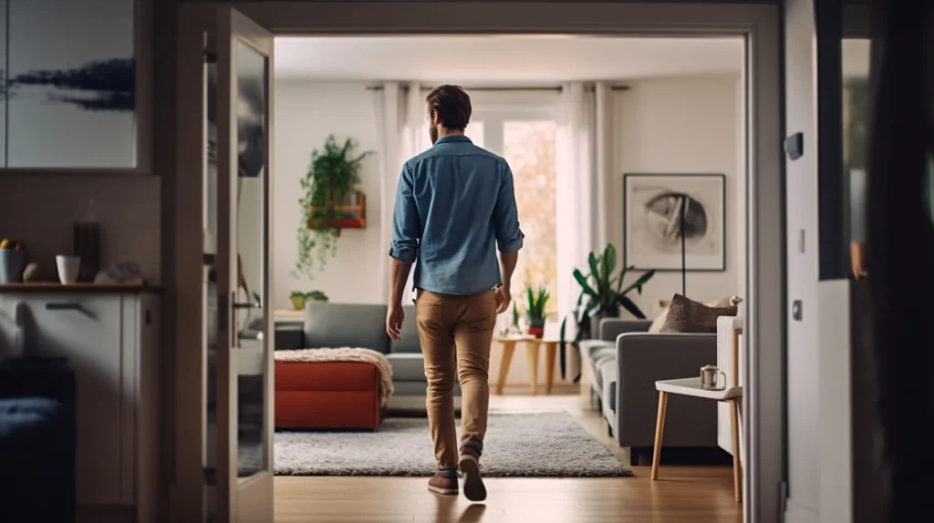 A young man walks through a rental property.