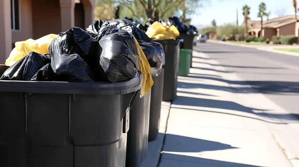 Waste containers brimming with black bags sit along a suburban street on collection day.