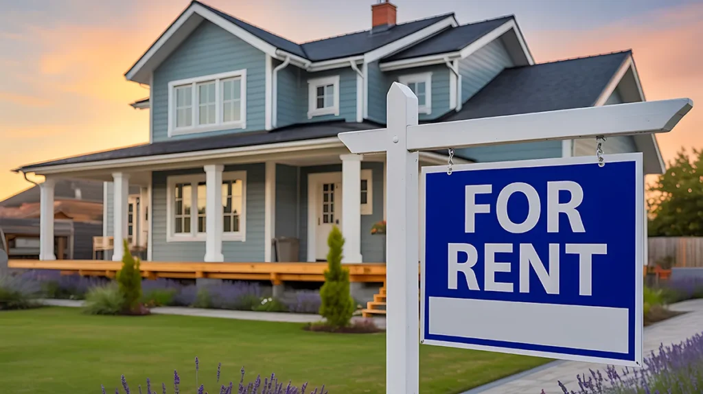 Modern house with for rent sign in front yard