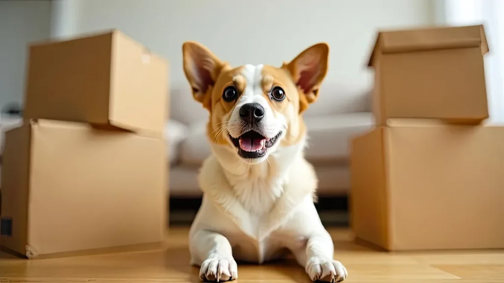 dog among boxes, moving