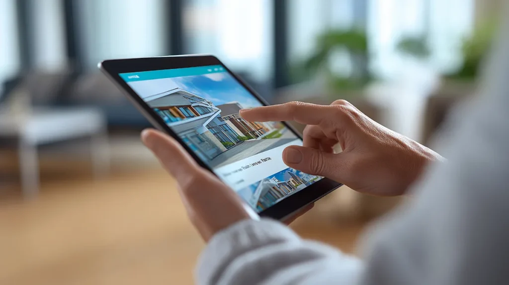 Person using tablet at home browsing real estate listings