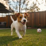 Energetic Jack Russell Terrier enjoying fetch game in a pet-friendly rental's private backyard