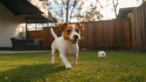 Energetic Jack Russell Terrier enjoying fetch game in a pet-friendly rental's private backyard