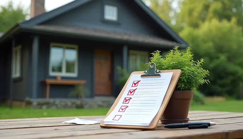 Mid-year Property Management Checklist - Clipboard with checklist on wooden table near house and green plant. Pen rests on table, indicating task completion, planning, or home management.