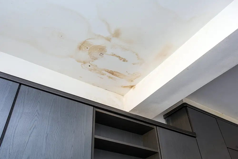 Roof leakage, water damaged ceiling roof and stain on ceiling