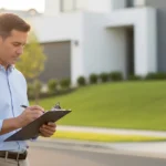 A Property Manager Inspecting Property While Taking Notes on Clipboard