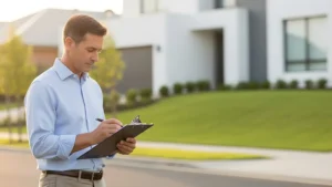 A Property Manager Inspecting Property While Taking Notes on Clipboard