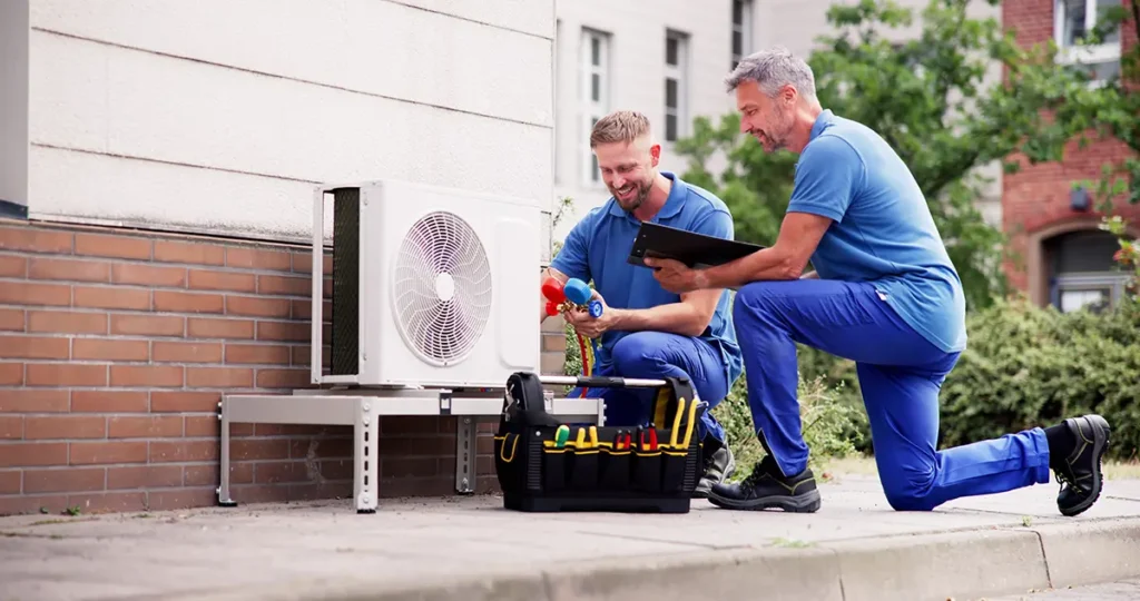 Two workment in blue doing St. Louis rental property HVAC maintenance on an exterior AC condenser