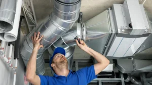 St. Louis rental property HVAC maintenance being performed by a man in a blue hat stnading under ductwork.